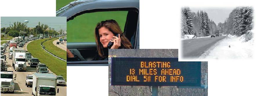 Photo collage with freeway traffic, woman on cell phone, message on DMS, and snow-covered road