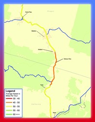 In and around the Siskiyou Pass area, average speeds drop from the range of 50 to 55 miles per hour to the range of 45 to 50 miles per hour.