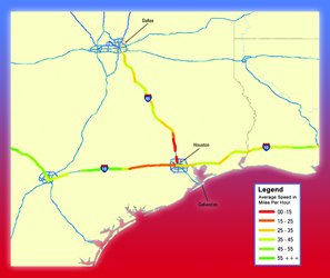 The average speed on I-45 was in the range of 0 to 15 miles per hour and the range of 15 to 25 miles per hour in and north of Houston. The average speed reached a range of 25 to 30 miles per hour, and intermittently 35 to 45 miles per hour on stretches between Houston and Dallas.