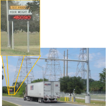 A close up picture of a dynamic message sign reporting weight to vehicles as they pass by and road view photo of semi-truck driving in the right lane approaching the WIM dynamic message sign to view weight of vehicle upon exiting the terminal. Source: Dr. Amr Oloufa.