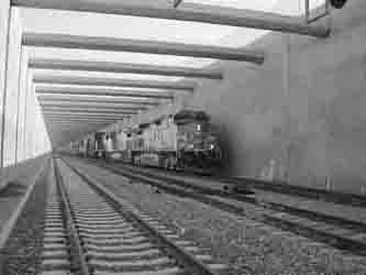 Photo of train inside the Mid-Corridor Trench, Alameda Corridor