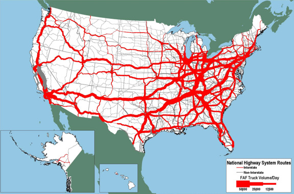 Figure 3-5. U.S. map showing proportionally larger flows in a similar pattern to the 2002 version of this map.