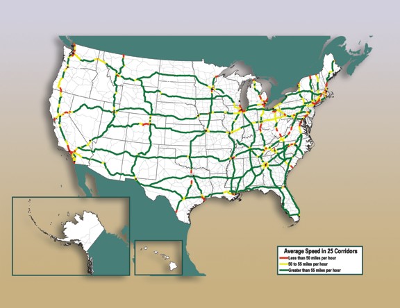 Figure 3-13. U.S. map showing average speed in selected corridors for January through March 2009.