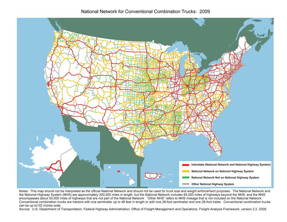 Based on Title 23 CFR Part 658 Appendix A, this map illustrates the National Network for Conventional Combination Trucks and highlights differences between the National Network (NN) and the National Highway System (NHS). This map shall not be interpreted as the official National Network nor shall it be used for truck size and weight enforcement purposes.