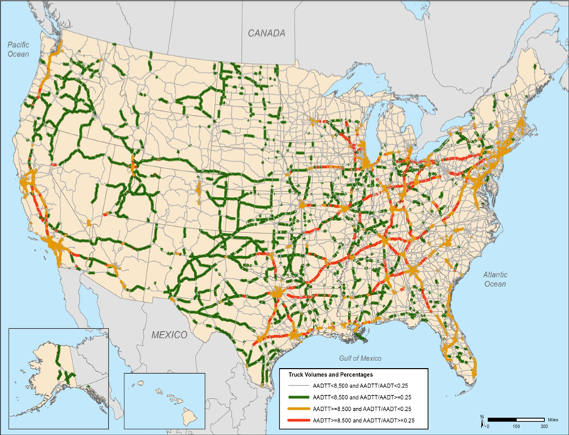 This exhibit is an outline map of the 48 contiguous States and insets for Alaska and Hawaii showing major truck routes on the National Highway System.