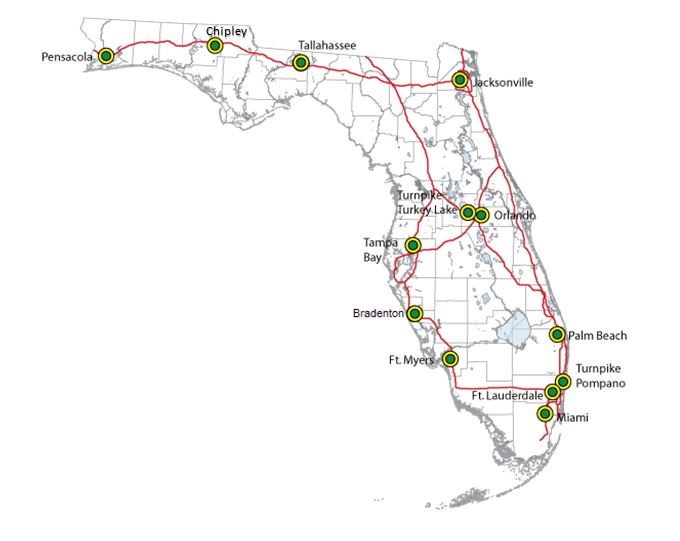 Map of Florida marked to show 13 cities with Regional Traffic Management Centers.