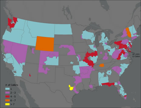 Map of participating telephone numbers by area code. Distribution is scattered across the US.