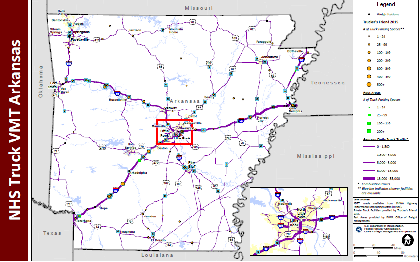 NHS Truck VMT Arkansas. Map of Arizona with a blown up inset of the Little Rock area shows major interstate routes and uses dots to indicate the locations of truck weigh stations, public rest areas, and private truck stop facilities. The size of the dot varies to indicate the number of parking spaces provided, and shaded boxes around the dots indicate showers are available. The lines representing the interstates are shaded more thickly to indicate higher average daily truck traffic and more thinly to indicate lower daily truck traffic. Data Sources: ADTT made available from FHWA Highway Performance Monitoring System (HPMS). Private Truck Facilities provided by Trucker's Friend 2015. Rest Areas provided by FHWA Office of Freight Management.