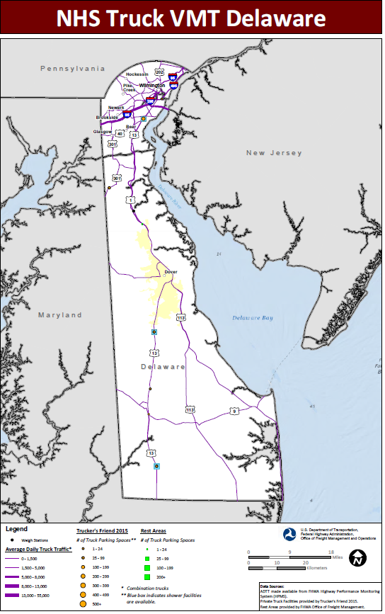 NHS Truck VMT Delaware. Map of Delaware shows major interstate routes and uses dots to indicate the locations of truck weigh stations, public rest areas, and private truck stop facilities. The size of the dot varies to indicate the number of parking spaces provided, and shaded boxes around the dots indicate showers are available. The lines representing the interstates are shaded more thickly to indicate higher average daily truck traffic and more thinly to indicate lower daily truck traffic. Data Sources: ADTT made available from FHWA Highway Performance Monitoring System (HPMS). Private Truck Facilities provided by Trucker's Friend 2015. Rest Areas provided by FHWA Office of Freight Management.