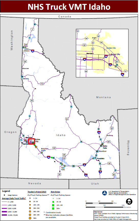 NHS Truck VMT Idaho. Map of Idaho with a blown up inset of the City of Boise shows major interstate routes and uses dots to indicate the locations of truck weigh stations, public rest areas, and private truck stop facilities. The size of the dot varies to indicate the number of parking spaces provided, and shaded boxes around the dots indicate showers are available. The lines representing the interstates are shaded more thickly to indicate higher average daily truck traffic and more thinly to indicate lower daily truck traffic. Data Sources: ADTT made available from FHWA Highway Performance Monitoring System (HPMS). Private Truck Facilities provided by Trucker's Friend 2015. Rest Areas provided by FHWA Office of Freight Management.