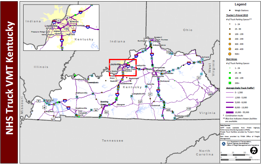 NHS Truck VMT Kentucky. Map of Kentucky with a blown up inset of the Louisville metropolitan area shows major interstate routes and uses dots to indicate the locations of truck weigh stations, public rest areas, and private truck stop facilities. The size of the dot varies to indicate the number of parking spaces provided, and shaded boxes around the dots indicate showers are available. The lines representing the interstates are shaded more thickly to indicate higher average daily truck traffic and more thinly to indicate lower daily truck traffic. Data Sources: ADTT made available from FHWA Highway Performance Monitoring System (HPMS). Private Truck Facilities provided by Trucker's Friend 2015. Rest Areas provided by FHWA Office of Freight Management.