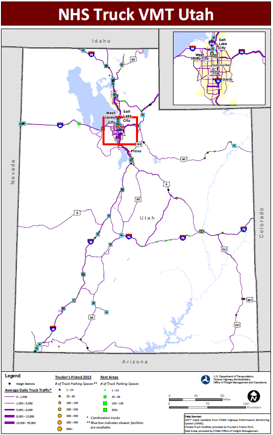 NHS Truck VMT Utah. Map of Utah with a blown up inset of the Salt Lake City metropolitan area shows major interstate routes and uses dots to indicate the locations of truck weigh stations, public rest areas, and private truck stop facilities. The size of the dot varies to indicate the number of parking spaces provided, and shaded boxes around the dots indicate showers are available. The lines representing the interstates are shaded more thickly to indicate higher average daily truck traffic and more thinly to indicate lower daily truck traffic. Data Sources: ADTT made available from FHWA Highway Performance Monitoring System (HPMS). Private Truck Facilities provided by Trucker's Friend 2015. Rest Areas provided by FHWA Office of Freight Management.