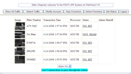 Screen shot of the results a database query containing information provided by the License Plate Recognition technology. Source: Florida Department of Transportation.