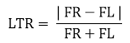 The Load Transfer Ratio is equal to the absolute value of the difference between the force on the left and right side tires, divided by the sum of the forces on the left and right side tires.