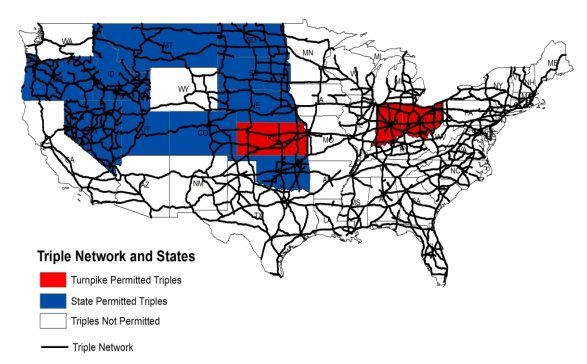 Figure 2 shows the network assumed to be available for triples in the modal shift analysis. Because of their length and challenge in maneuvering, access by triples to points of loading and unloading off the network is assumed to be limited to 2 miles.