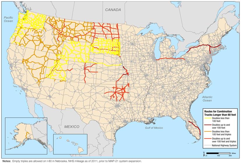 Map that shows the 14 States and 6 turnpike authorities that allow LCVs that weigh more than 80,000 lbs. on some parts of their road networks