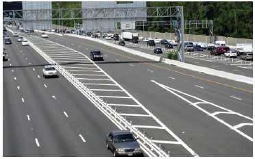 Aerial photo of an area where vehicles are exiting from managed lanes.