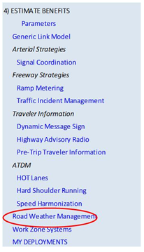 Screen capture depicts the Estimate Benefits menu. The Road Weather Management link is circled.