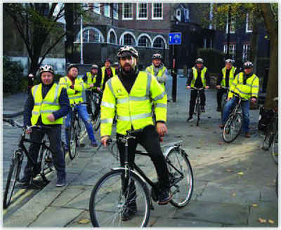 Truck drivers on bicycles during SUD hands-on training module