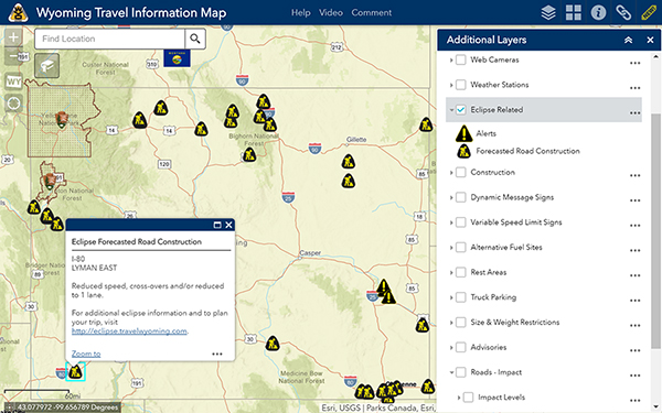 Figure 4. A map of Wyoming indicating forecasted road construction on the day of the solar eclipse.