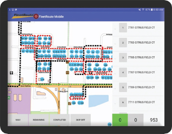 West Des Moines Public Services has implemented route optimization for plow trucks.  This FleetRoute Mobile user-interface displays the use of green dashed lines on a map to indicate deadheading from the garage to the start of the route, black for plow down, and red to indicate a lane that was previously plowed and treated.