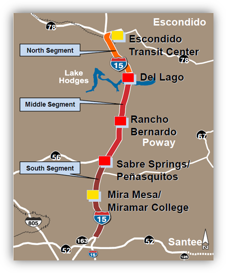 I-15 ICM Corridor, San Diego, California This figure shows the San Diego ICM demonstration corridor, which runs along I 15 from just north of State Route 52 all the way to state Route 78, through Mira Mesa College, Sabre Springs, Rancho Bernardo, Del Lago, and Escondido. The corridor is broken into 3 segments; North segment, middle segment, and South segment.