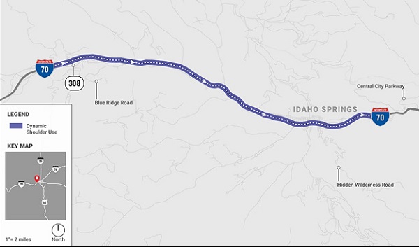 Map shows the dynamic part-time shoulder use corridor in Colorado. It follows Interstate 70, right before Route 308 and continues through Idaho Springs, right before the Central City Parkway.