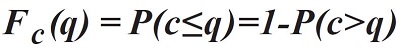 Equation reads: F sub C parenthesis q end parenthesis equals P parenthesis c is less than or equal to q end parenthesis, equals one minus P parenthesis c greater than q end parenthesis.