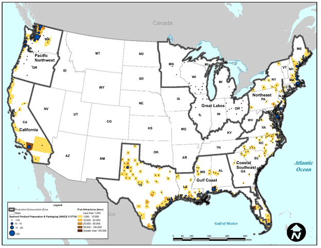 A nationwide map that depicts the attraction of fish at the county-level. Also depicted are seafood product preparation/packing plants.