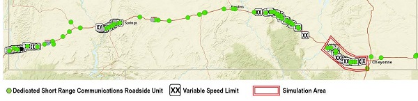 Map shows an east-west highway with dedicated short-range communications roadside units along the road and variable speed limits postd where more roadside units exist.