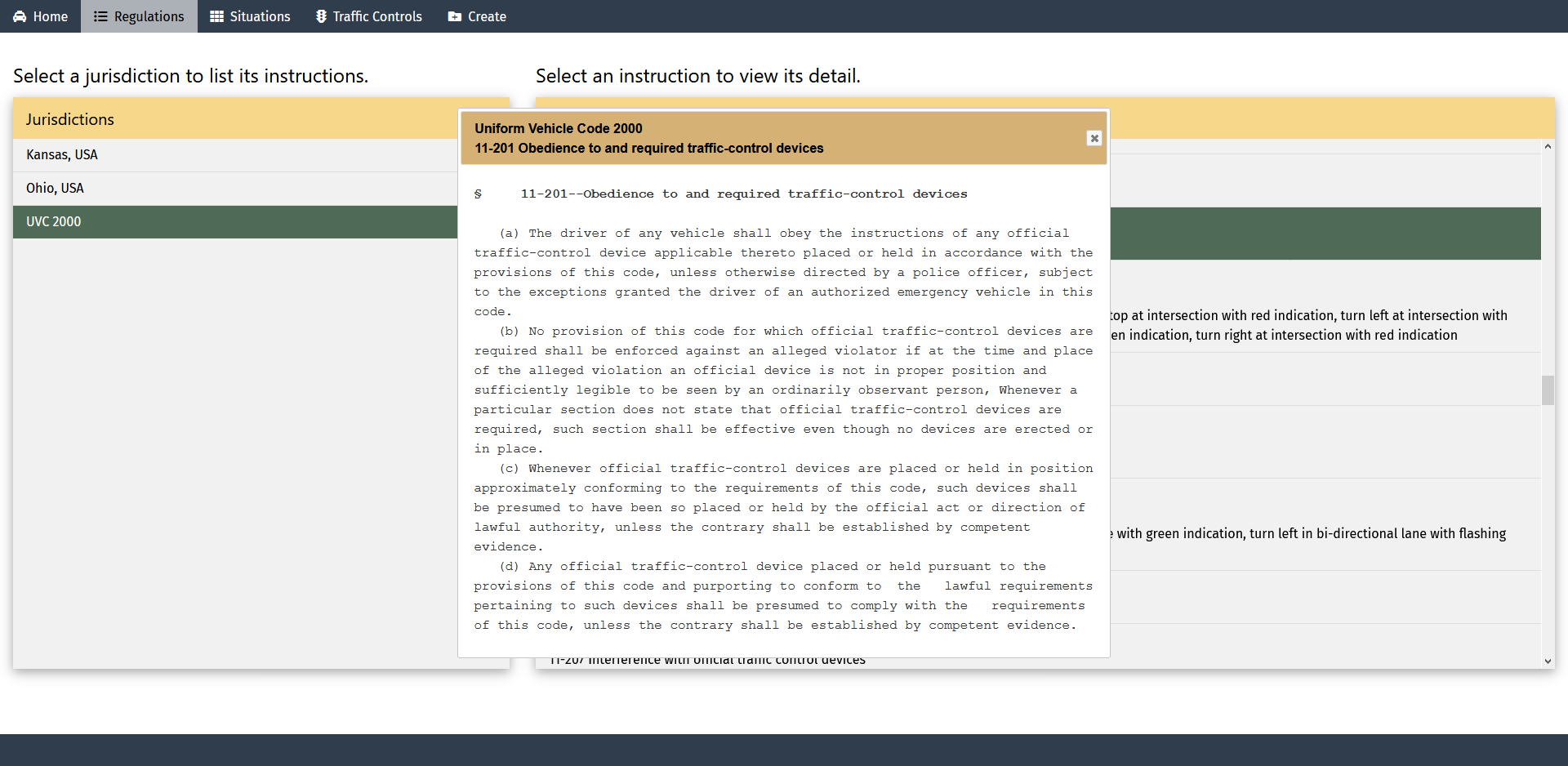 Screen capture of an automated driving systems regulations network page depicting the text of the regulation (i.e., instruction) from the jurisdiction element selected.