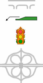 A graphic design showing a driveway, median opening, traffic signal, and interchange.