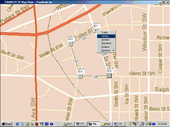 Screenshot of the Transyt-7F input data editor on an input data screen, showing timing for selected signals.