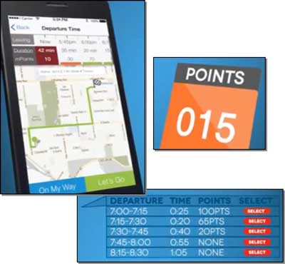 Three pictures of the Metropia app that provides travel routes to reduce congestion.