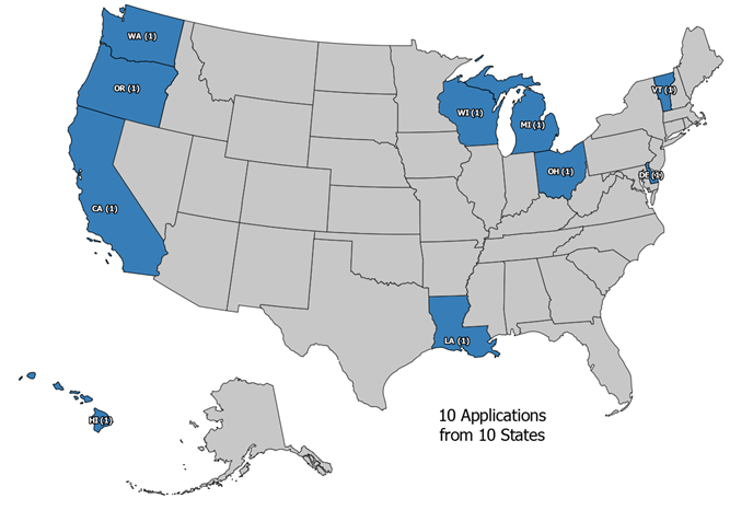 Strategic Innovation for Revenue Collection Program Applicants (FY 2022  - FY 2023) Map - 10 applications from 10 states