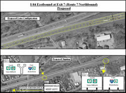 An aerial photo, marked up, showing the new lane striping configuration