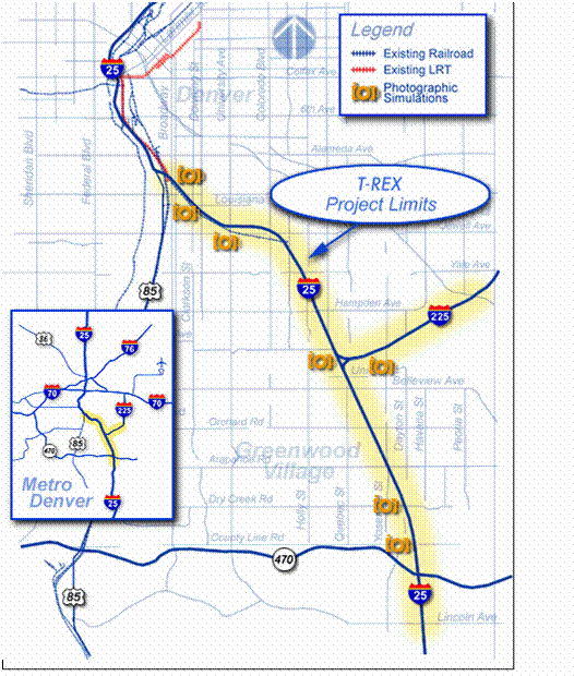 This figure shows a map with the location of the T-REX project in Denver, Colorado.