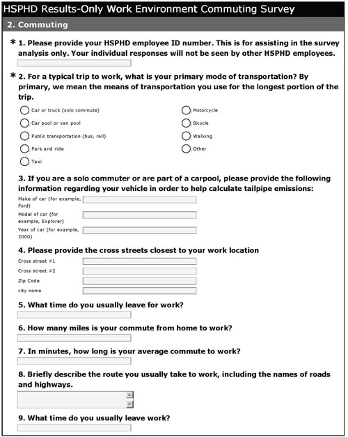 A view of the electronic forms shows commute-related questions that require specific information regarding the vehicle, streets closest to work location, and distance and timing of the commute.