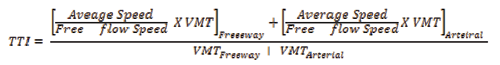 Begin expression begin uppercase TTI end uppercase equals begin fraction begin numerator open bracket begin fraction begin numerator 'Average Speed' end numerator over begin denominator 'Free-flow Speed' end denominator end fraction operator times begin uppercase VMT end uppercase close bracket begin subscript 'Freeway' end subscript operator plus open bracket begin fraction begin numerator 'Average Speed' end numerator over begin denominator 'Free-flow Speed' end denominator end fraction operator times begin uppercase VMT end uppercase close bracket begin subscript 'Arterial' end subscript end numerator over begin denominator begin uppercase VMT end uppercase begin subscript 'Freeway' end subscript operator plus begin uppercase VMT end uppercase begin subscript 'Arterial' end subscript end denominator end fraction end expression.