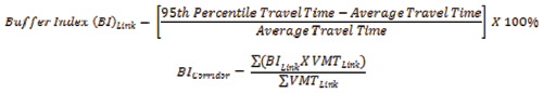 Begin expression 'Buffer Index (BI)' begin subscript 'Link' end subscript equals open bracket begin fraction begin numerator '95th Percentile Travel Time' operator minus 'Average Travel Time' end numerator over begin denominator 'Average Travel Time' end denominator end fraction close bracket operator times 100% end expression. Begin expression 'BI' begin subscript 'Corridor' end subscript equals begin fraction begin numerator summation sign open parenthesis 'BI' begin subscript 'Link' end subscript operator times begin uppercase VMT end uppercase begin subscript 'Link' end subscript close parenthesis end numerator over begin denominator summation sign uppercase VMT end uppercase begin subscript 'Link' end subscript end denominator end expression.