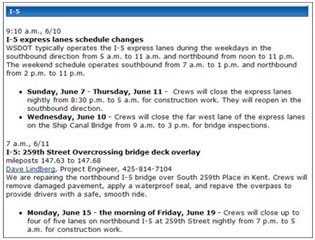 Figure 4-3. Sample Log of Construction and Maintenance Activities Ongoing in the Puget Sound Area. The sample log provides a breakdown of typical activities that affect the flow of traffic over a typical period of time.