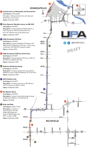 This is a map image showing the northern portion of the Minnesota Urban Partnership project. Select map for a larger view.