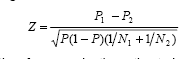 equation: test statistics, where the separate
proportions for the SOV and HOV groups are compared to each other to see if it is
reasonable to conclude that the separate proportions could be just different data samples
drawn from the common underlying distribution, with mean P