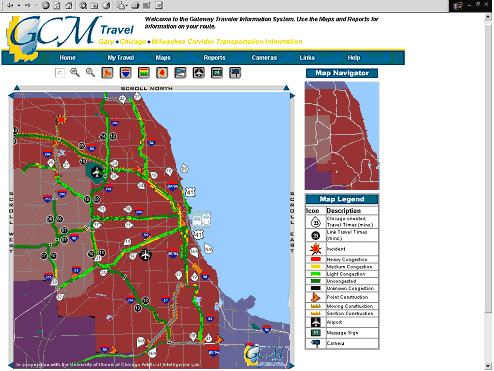 screen shot of a Gary-Chicago-Milwaukee (GCM) Gateway website displaying real-time traffic flow conditions. This screen shows a map of the Chicago area, with routes color coded red for heavy congestion, yellow for medium congestion, light green for light congestion, dark green for uncongested, and black for unknown congestion. Symbols are shown for traffic incidents and road construction