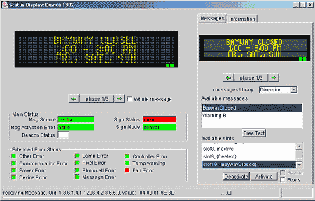 screen shot of user interface control screens, showing a CMS status screen, including the current sign of "BAYWAY CLOSED, 1:00-3:00 PM, FRI., SAT., SUN."; the sign status and mode; error status; and available messages