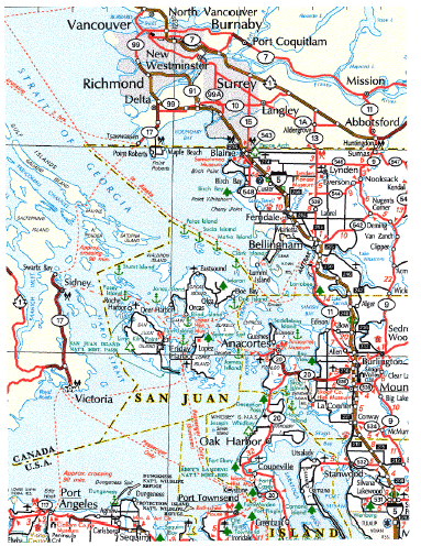 An area road map of the Blaine border region between Canada and the United States