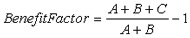 the following expression should read: benefit factor equals parenthesis uppercase A plus uppercase B plus uppercase C closed parenthesis, divided by parenthesis uppercase A plus uppercase B closed parenthesis. One is subtracted from this ratio.