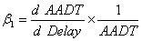 the following expression should read: beta subscript one equals the ratio of d A A D T divided by d Delay, multiplied by the ratio of one divided by A A D T