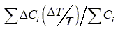 the following expression should read: the summation of the product of uppercase delta uppercase C subscript lowercase i and the quotient of uppercase delta uppercase T over uppercase T, divided by the summation of uppercase C subscript lowercase i