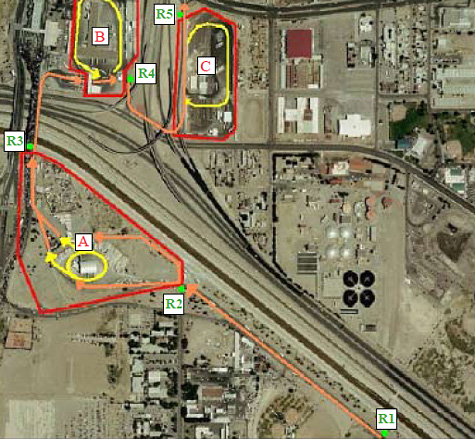 Aerial photo of the Bridge of the Americas area, showing points A, B, C, R1, R2, R3, R4, and R5